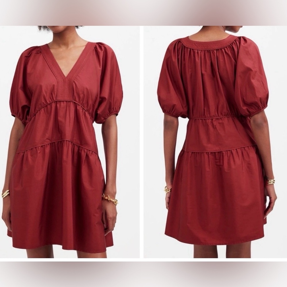 Madewell Brick Red V-Neck Puff Sleeve Tiered Mini Dress Size S 100% Cotton
